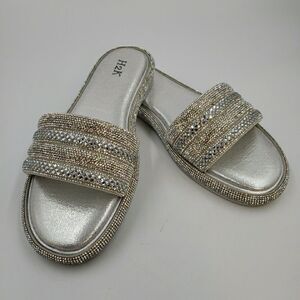 Womens 8 Sparkly Silver Slides Rhinestone Sandals Flip Flops Slipper Summer Shoe